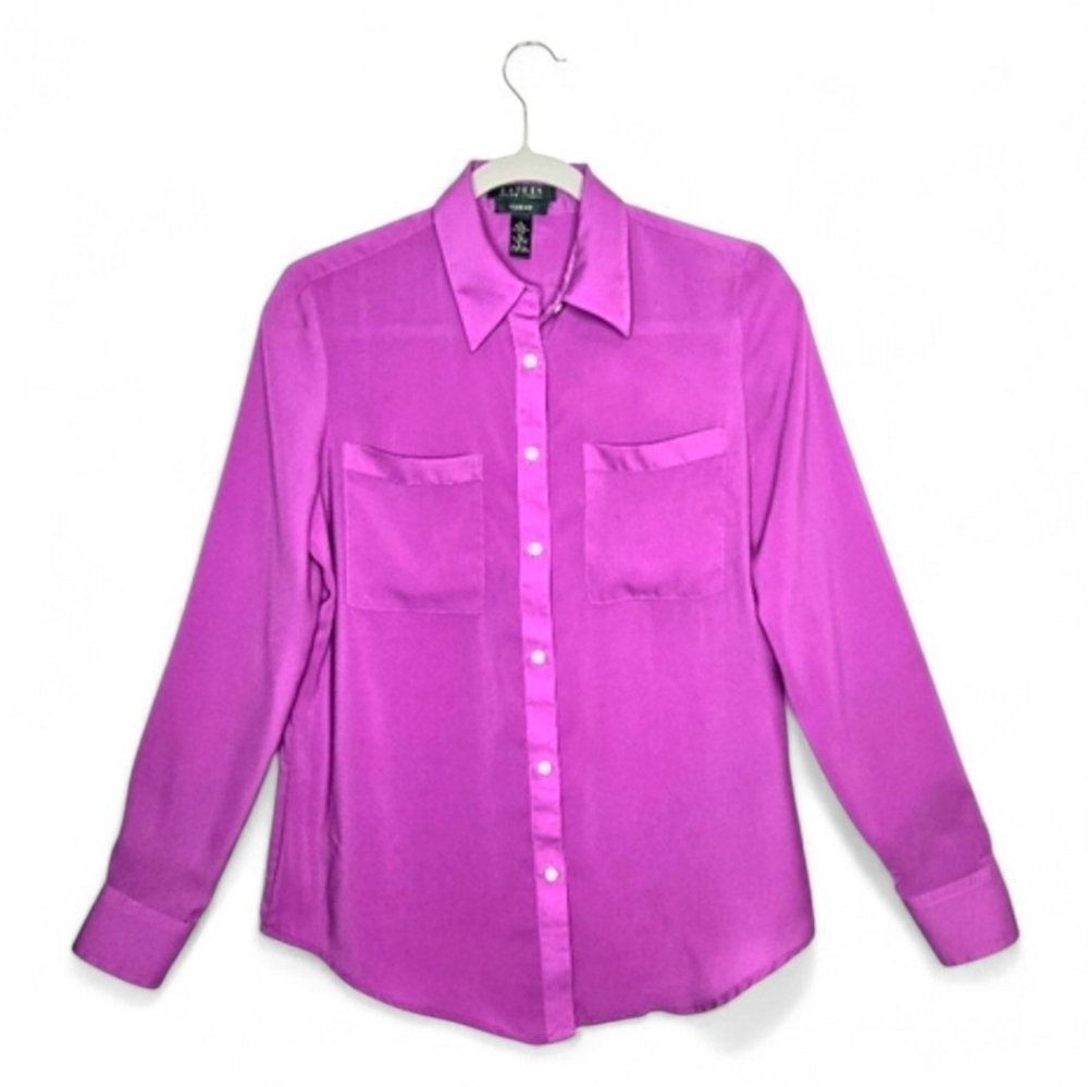 Ralph Lauren Slim Fit, Long Sleeve, Button Front Blouse. Purple, Small